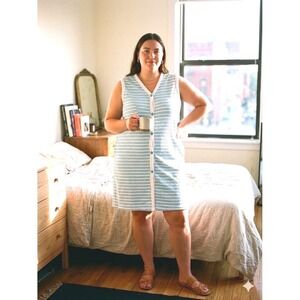 VTG Blair Womens Large Blue White Striped Terry Cloth Button Front Lounger Robe